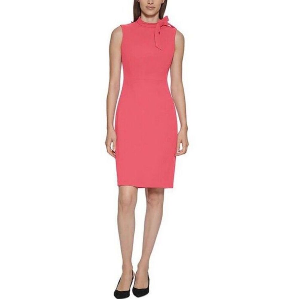 CALVIN KLEIN BOW-NECK Coral Pink Sheath Midi Dress Sleeveless‎ Size 12